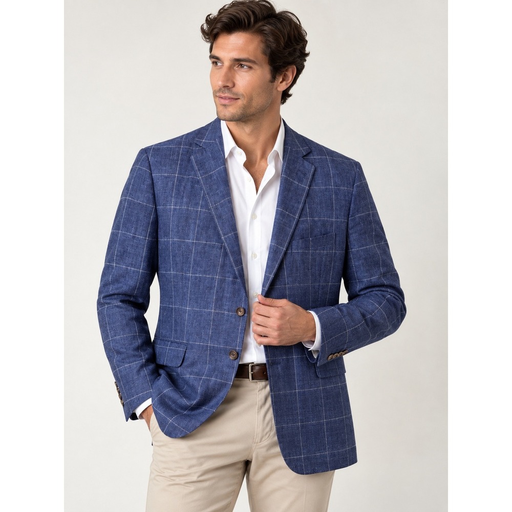 Brooks Brothers 1818 Fitzgerald Blazer 42R Blue Windowpane Linen Ormezzano
